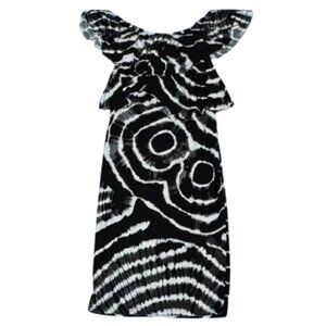 (XS) BLACK & WHITE TIE DYE OFF THE SHOULDER MID CALF TO DOUBLE RUFFLE